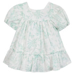 The Tartine et Chocolat Baby Girls' and Girls' Puff Sleeve Dress features a light green floral print, ruffled hem, gathered waist, and square neckline for an elegant look.