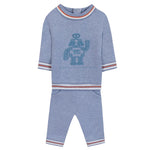 The Baby Boys' and Boys' Jogger Outfit by Tartine et Chocolat is a blue long-sleeve set with a robot and "TC" on the front, plus striped trim on the collar, cuffs, and pant legs.