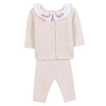 The Tartine et Chocolat Baby Girls' Ruffle Collar Long Sleeved Outfit features a pale pink top with red floral-embroidered white ruffled collar and matching pants—adorable and comfortable for newborns.