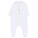 Dress your baby boy in these white long-sleeve footed pajamas from Tartine et Chocolat, featuring a pleated front, silver buttons, a rounded collar, and cute embroidered hedgehogs—Baby Boys' Hedgehog Pajamas.