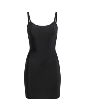 The Commando Zone Smoothing Full Slip is a black, form-fitting dress with thin straps and zoned compression, shown on a plain white background.