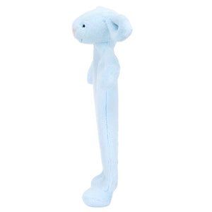 Side view of Jellycat's Bashful Baby Blue Bunny Comforter, a plush toy with a rabbit-like head and elongated body, crafted from recycled fibers in light blue, standing upright.