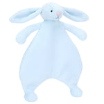 The Jellycat Bashful Baby Blue Bunny Comforter is a light blue plush toy with long ears and a pink nose, made from recycled fibers for eco-friendliness—ideal as a cuddly companion for little ones during naps or adventures.