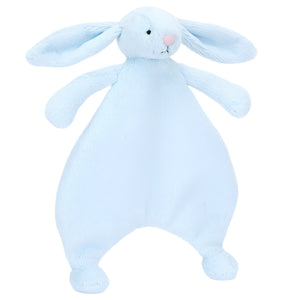 The Jellycat Bashful Baby Blue Bunny Comforter is a light blue plush toy with long ears and a pink nose, made from recycled fibers for eco-friendliness—ideal as a cuddly companion for little ones during naps or adventures.