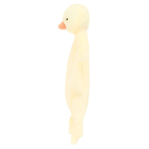 Side view of the Jellycat Bashful Duckling Comforter with a cream body and orange beak, crafted from recycled fibers, standing upright on a white background—a perfect gift for newborns.