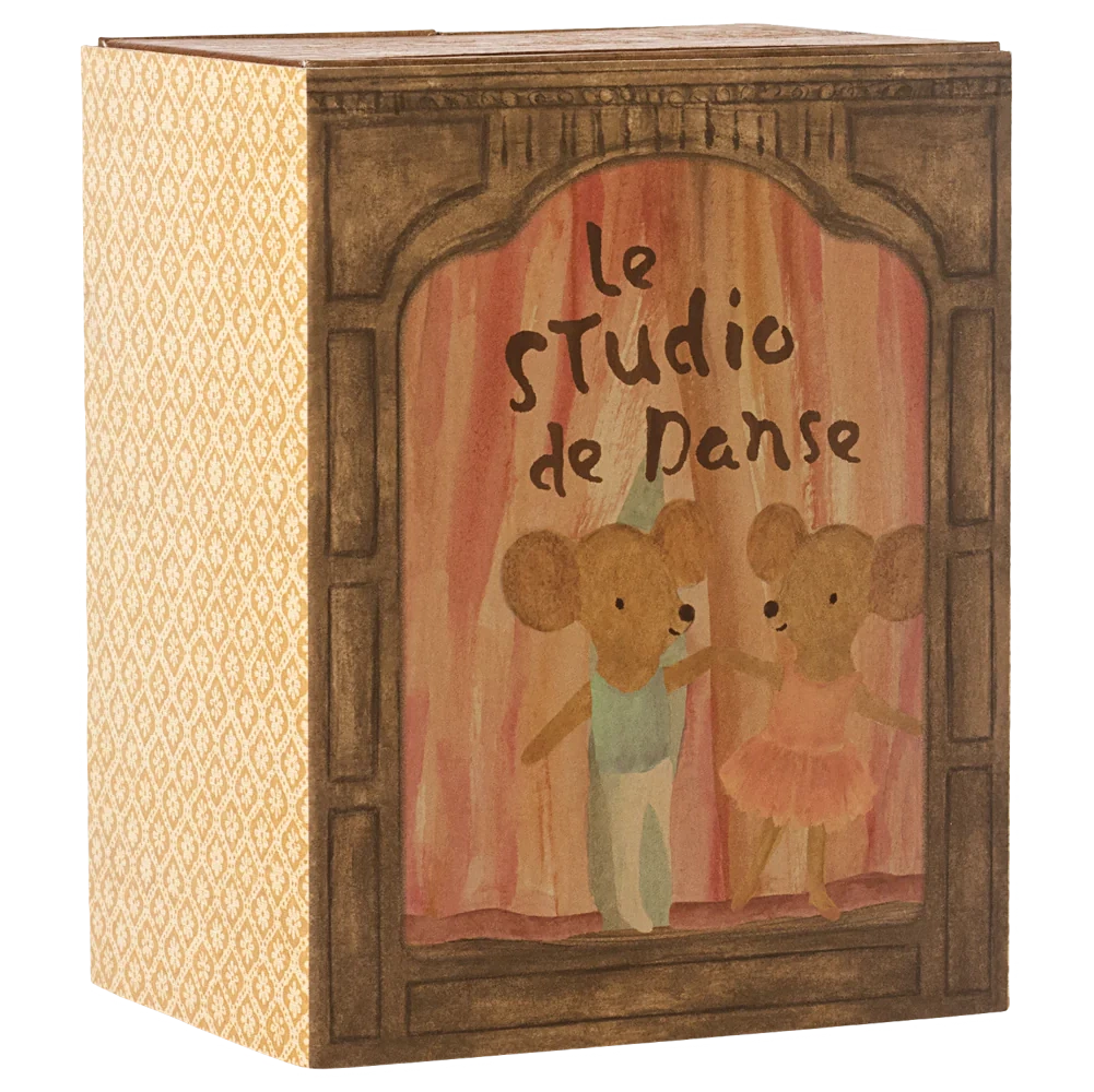 The Maileg Ballet Mice in Dance Studio, Little Sister and Brother set comes in a rectangular box with ballet mice on stage, "le Studio de Danse" text above them, and a patterned yellow side—ideal as a mouse house or ballet playset.