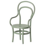 The Maileg Vintage Chair, Mouse - Mint is a light green wooden chair with curved backrest, arms, woven seat, and circular support ring—ideal for mice furniture or as a charming dollhouse accessory.