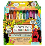 Crayons on Safari by Bright Stripes is a fun safari truck-shaped box set, featuring 10 colored crayons, a coloring book, and stickers with cartoon animals and patterns. It encourages activities, games for kids, and promotes Social Emotional Learning.