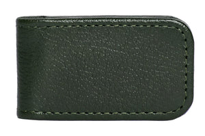 The Ettinger Capra Magnetic Cash Clip, crafted from dark green goat leather with a textured surface, exudes luxury against a white background.