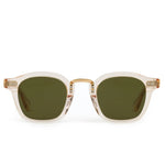 Front view of Krewe Campbell Polarized Sunglasses with hand-crafted translucent beige acetate frames, rectangular green lenses, and a universally flattering fit.