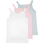 The Girls' Caroline Camisole Set of 3 by The Beaufort Bonnet Company includes three sleeveless camisoles for children in white, pink, and light blue, displayed side by side with each one slightly overlapping.