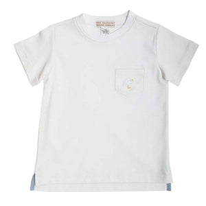 The Beaufort Bonnet Company's Baby and Kids' Carter Crewneck: white short-sleeve tee with front chest pocket and small yellow embroidered detail; plain background.