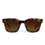 Front view of Krewe's Celeste Polarized Sunglasses showcasing a classic tortoiseshell frame, brown gradient lenses, and three silver dots on each upper corner.