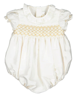 The Antoinette Colombe Silk Ceremony Baby Bubble boasts short puff sleeves, decorative chest stitching, and elastic leg openings—ideal for special occasions.