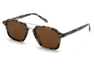 The Krewe Colton Tortuga Silver sunglasses feature a tortoiseshell rectangular aviator frame, brown lenses, and a silver brow bar, designed to suit many face shapes. Shown on a white background.