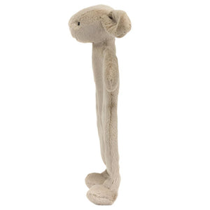 The Jellycat Bashful Beige Bunny Comforter is crafted from soft fur and recycled fibers, featuring an upright stance, large round ears, and elongated limbs.