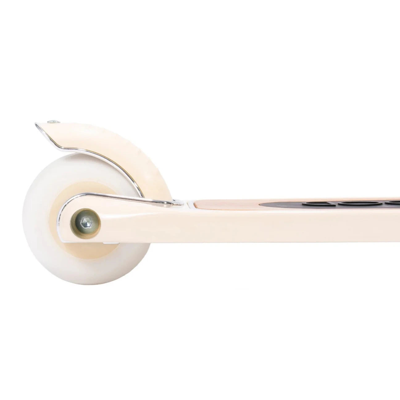 Close-up of Banwood's beige Scooter frame, highlighting the rear wheel designed to enhance balance with its minimalistic style, set against a white background.