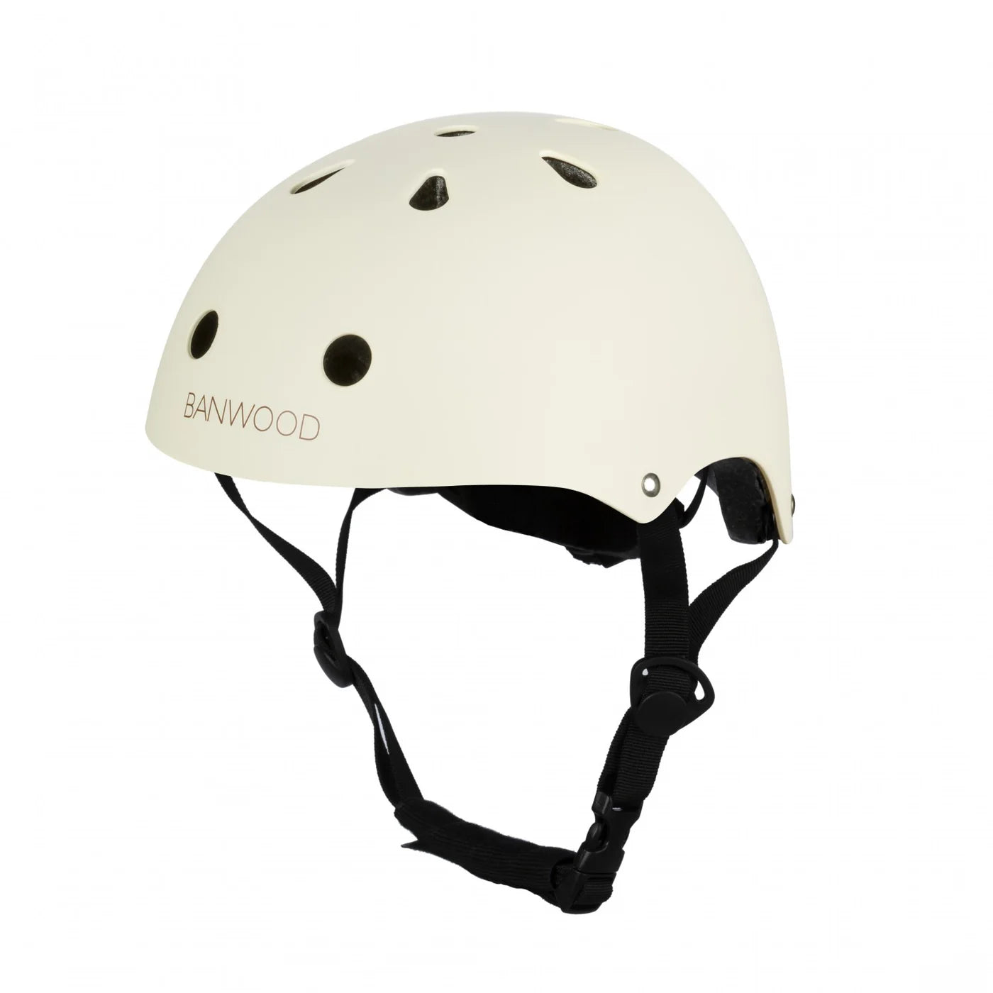 The Banwood Children’s Helmet in white features a durable ABS hard-shell design, ventilation holes, adjustable chin strap, and black padding for a snug fit on all adventures.