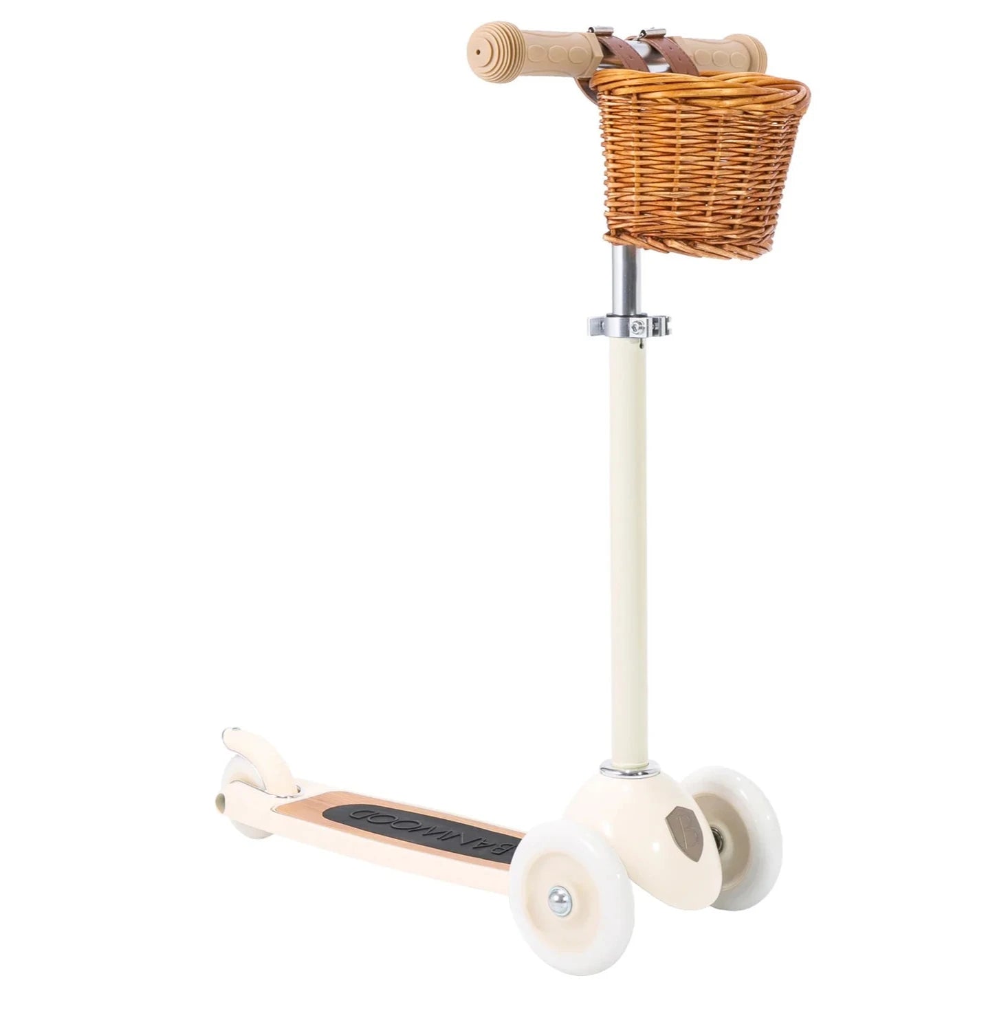 The Banwood Scooter in beige features three wheels and a wicker basket on the handlebars, ideal for improving balance and fine motor skills.
