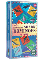 Eeboo Giant Shiny Shark Dominoes is a kids' matching game with 28 illustrated shark dominoes, perfect for ages 3 and up—a fun addition to any family board game collection.