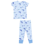Angel Dear's Baby and Kid's Short Sleeve Loungewear Set features a light blue top and matching pants with a marlin fish print, blue pant cuffs, and a snug fit for style and comfort.