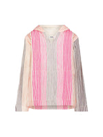 The Behati Hoodie by Lemlem is an oversized, long-sleeve hooded shirt with pink, black, and beige vertical stripes on white. Featuring a V-neck and relaxed fit, it offers effortless comfort.