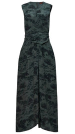 The Altuzarra Penny Dress offers a sleeveless dark green design with a subtle black pattern, an overlapping wrap bodice, and a waist-accentuating feature complemented by a voluminous skirt for extra flair.