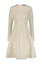 The Lela Rose Floral Puckered Mini Dress features a cream color, long sleeves, fitted bodice, and an A-line mini silhouette with subtle textured patterns for everyday glamour.