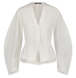 The Lela Rose Button Front Peplum Top in white cotton poplin features a V-neck, tailored waist, and long wide sleeves, shown on a plain background.