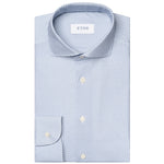 Eton's Slim Mid Blue Geometric Cotton Four-Way Stretch Shirt features a spread collar and is crafted from innovative tech fabrics.