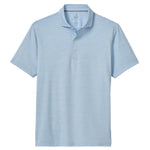Johnnie-O Huronn Featherweight Performance Polo in light blue, short sleeves, collared with three buttons, made from moisture-wicking fabric for all-day comfort; shown laid flat on a white background.