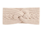 The Sidony Headband by Louise Misha features a beige cable knit with a twisted knot front, adding a fantasy twist for lovers of crossed headbands.