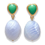The Andalusia Earrings by Lizzie Fortunato feature green chrysoprase teardrop studs set in gold, with large carved light blue chalcedony pendants hanging below.