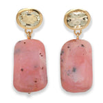 The Rosado Earrings by Lizzie Fortunato are gold-plated brass earrings with oval yellow gemstones and rectangular pink opal pendants set in elegant gold-tone metal.