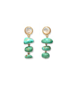 The Lizzie Fortunato Old World Earrings feature gold-plated brass with round pearl studs and three vertically stacked turquoise bead drops on each earring.