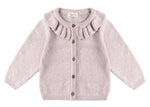 The Quincy Mae Baby Girls' and Girls' Ruffle Collar Cardigan features long sleeves, a light pink hue, coconut buttons, and is ideal for fall layering. Displayed laid flat on a white background.