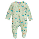 The Magnetic Me Baby Modal Footie features a light green golf print, long sleeves, covered feet, and magnetic closures for easy changes. Made from eco-friendly TENCEL™ modal that’s soft and temperature-regulating for all-night comfort.