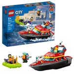 The LEGO® City Fire Rescue Boat (set 60373) is a 144-piece set with a fireboat, two minifigures, accessories, and a raft—perfect for builders ages 5+.