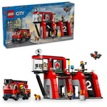 The LEGO® Fire Station with Fire Truck set by LEGO® includes a fire truck, accessories, and minifigures for action-packed rescue play; box and assembled set featured.