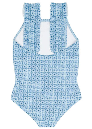 The Minnow Girls' Starburst Ruffle Strap One Piece features a blue and white pattern, square neck, playful ruffle straps, and a stylish cut-out back—perfect for chic resort swimwear.