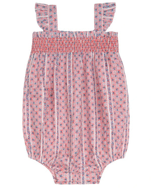 Minnow’s Baby Girls' Floral Tile Smocked Bubble Romper features pink and white florals, vertical stripes, smocked top, ruffled straps, and easy diaper changes—perfect for a charming baby outfit.