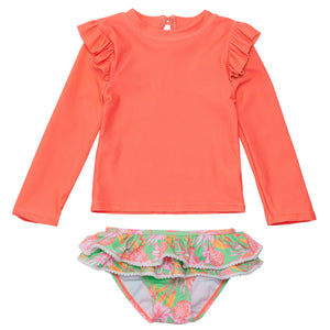Snapper Rock Baby Girls' Coastal Shells Sustainable Ruffle Set features a neon coral rash guard top with ruffles and shell-print bikini bottom, designed for children and shown on a white background.