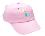 The Bits & Bows Blonde Mermaid Bow Baseball Hat, made from light pink cotton twill, features an embroidered blonde mermaid with a green tail and pink top—ideal for summer sportswear.