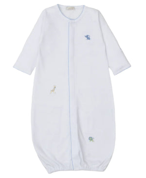 The Kissy Kissy Baby Boys' Jungle Mates Convertible Gown, crafted from soft Peruvian cotton, is a white sleeping bag with blue trim and jungle animal embroidery featuring an elephant, giraffe, and turtle. It includes long sleeves and a gathered bottom hem for easy wear.