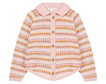 The Louise Misha Girls' Khellani Cape is a pink knitted cardigan featuring a Peter Pan collar, button-down front, and horizontal stripes in pink, yellow, and lavender.