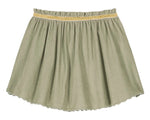 The Girls' Cephee Skirt by Louise Misha is a light green, knee-length corduroy skirt featuring an elasticized waistband and a slim gold decorative trim near the top.