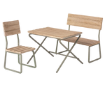 The Maileg Garden Set, Miniature features a vintage three-piece ensemble consisting of a folding table, chair, and bench with light wood slats and gray metal frames, ideal for your patio.