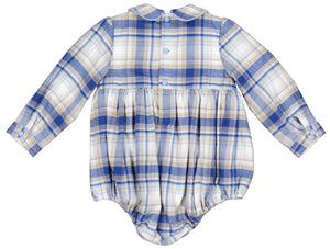 The Antoinette Boys' Louis Blue Tartan Romper is a long-sleeve baby outfit with navy and blue embroidery, front buttons, and a Peter Pan collar—ideal for holiday celebrations.