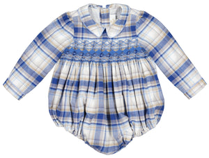 The Antoinette Boys' Louis Blue Tartan Romper, featuring a navy and blue plaid design, long sleeves, and a Peter Pan collar, is perfect for holiday celebrations.