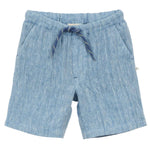 The Arsene & Les Pipelettes Boys' Fiorenzo Short features a light blue color, drawstring waist, and side pockets. Made from soft, slightly textured fabric, these bermuda shorts are showcased against a white background.